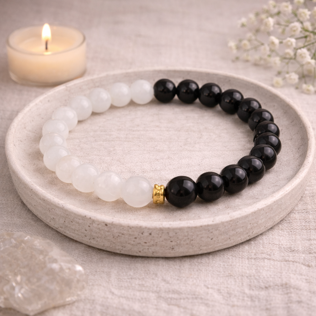 Selenite & Black Tourmaline Crystal Bracelet