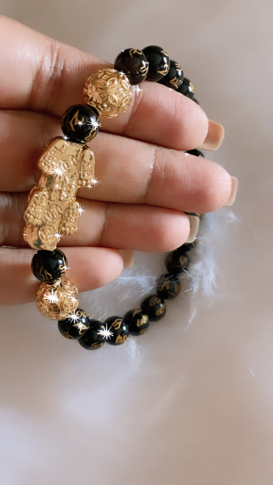 Buy PANAKUMUS Feng Shui Black Obsidian Pixiu|Om mani Bracelet Wealth Good  Luck Dragon with Double Gold Plated Pi Xiu/Pi Yao Attract Luck and Wealth.  (10 MM Beads) (Double Pixui Bracelet) at Amazon.in